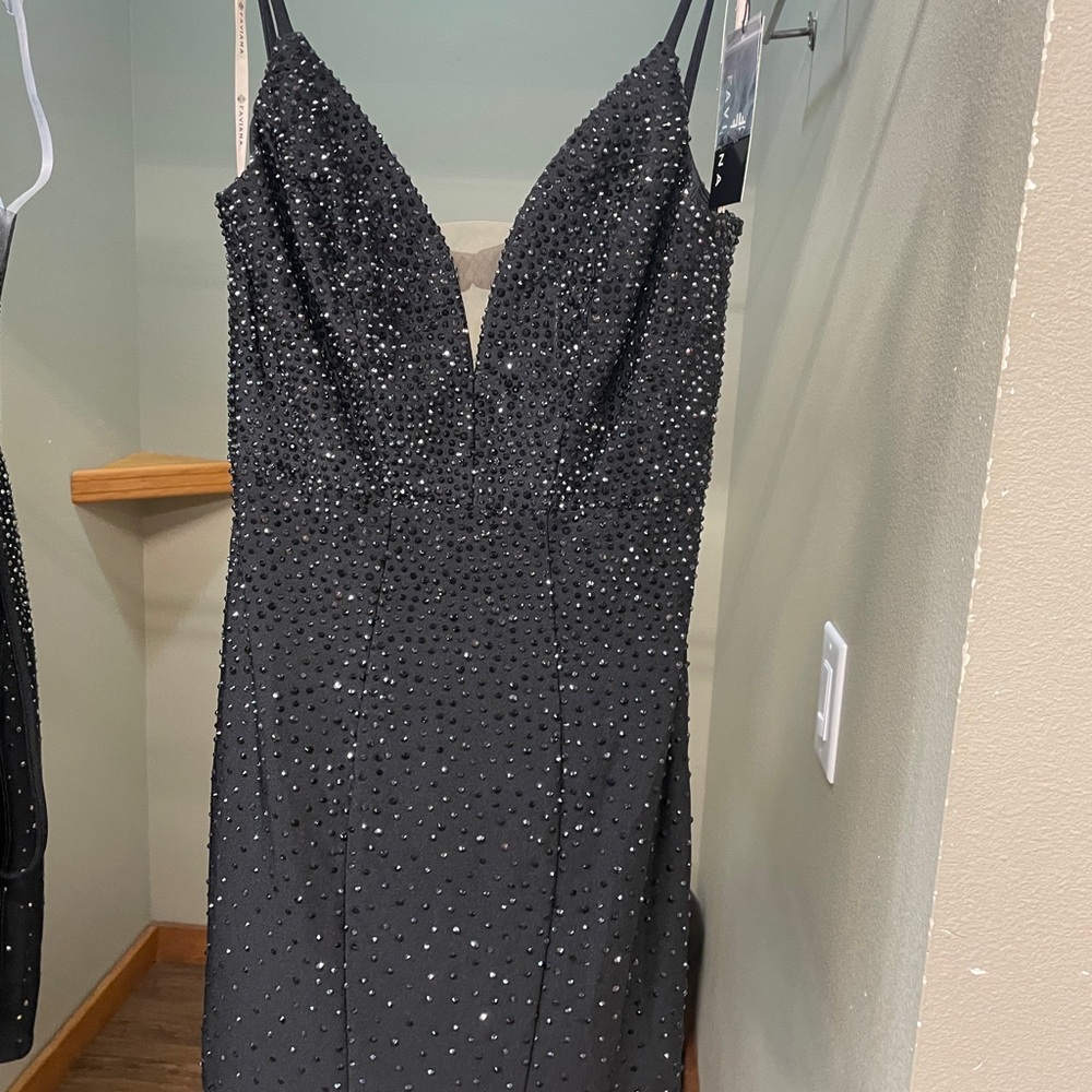 Black Beaded Strapless Evening Gown